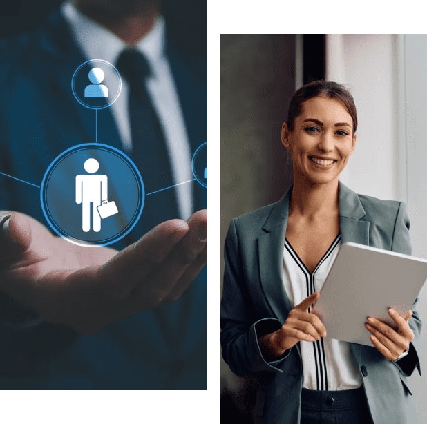 Businesswoman holding tablet, digital network graphic.